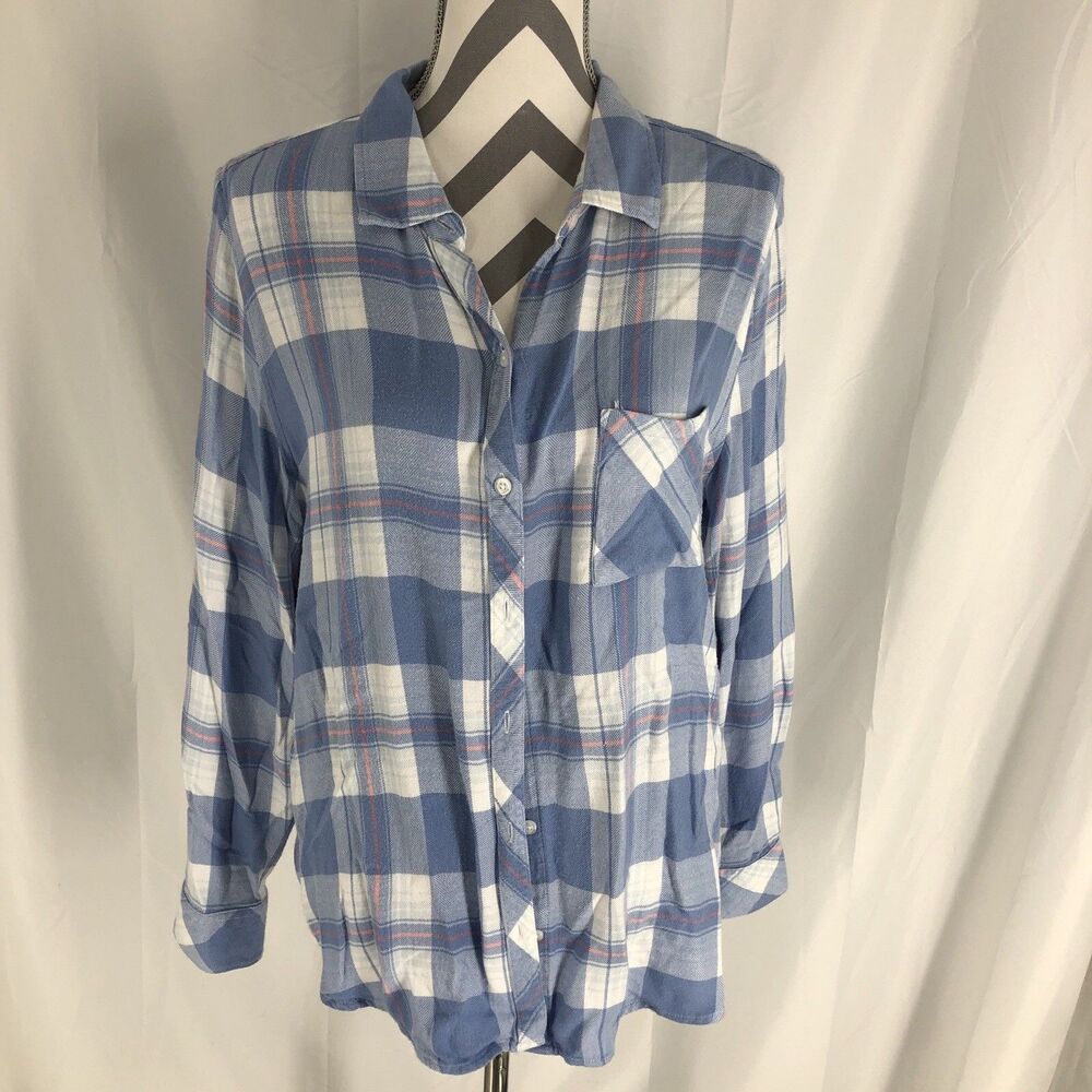 Well Worn Shirt Adult Large White Blue Plaid Long Sleeve Button-Up Casual Womens